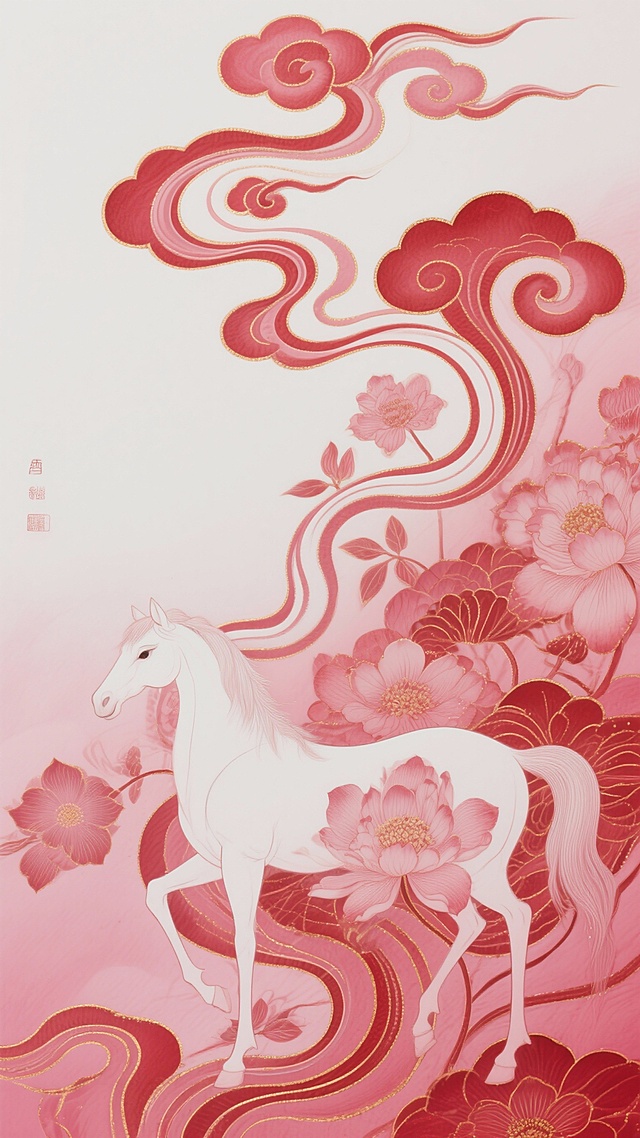 中国风插画大师杰作，国风线稿插画，抽象画风，倪传婧的风格，富有动感的卷云纹与精致花卉图案 ，抽象留白背景，无具体场景，中式传统装饰艺术 | 祥云纹样 | 平面化处理 ，国画写意绘画 各种纹理形状的花瓣和白马充满整个画面，传统图案，国风彩铅效果装饰画，超高清，红金粉彩配色，銮金勾边以淡雅的渐变色铺陈，晕染出如梦似幻的仙境氛围，极简而干净的粉色渐变背景烘托，仿若将时空抽离，仅留这抹优雅于画面之中。融