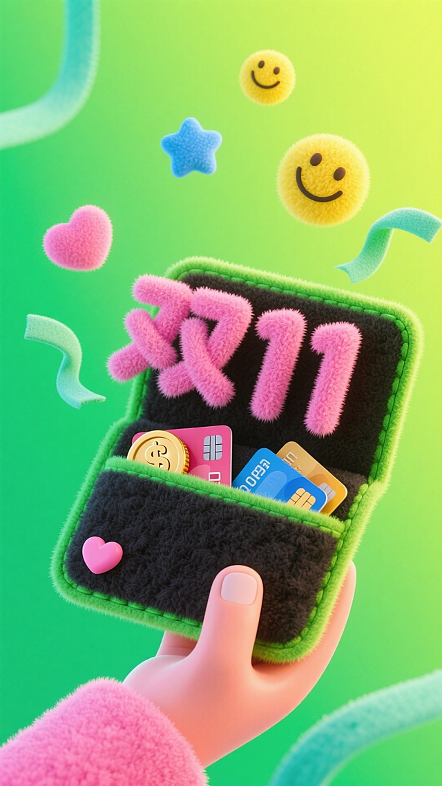 软3D风毛绒质感钱包，萌趣“双11”字样跃出，搭配笑脸、爱心飘浮，梦幻可爱，传递节日促销氛围。