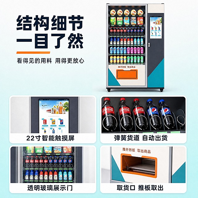 [主图-4] 触屏制冷大型售货机，产品证据/结构细节图，主题“每一处都能看懂”。画面内不得出现任何尺寸、重量、电压等参数数字。
[统一基调] 浅白到浅青渐变底，深蓝黑色粗体主标题，橙色作强调条，青绿色作小面积辅助呼应机身，白色圆角卡片，无衬线黑体，画面明亮通透，不使用黑色或深色背景。
[画面] 上方为售货机整机主视觉（占画面约一半）：浅白机身配青绿色斜向色块与深灰色右侧面板，左侧大面积透明玻璃展示门内为6层弹簧式货道（上层零食、下层瓶装饮料），右侧竖版22寸智能触摸屏（屏内为商品网格与商品图片），下部白色面板配橙色取货口，底部四个黑色小滚轮；机器外观、比例、结构与参考图必须完全一致，完整不裁切。下方为2行2列四个白色圆角细节卡片，每张为机身局部微距特写，卡片下方深蓝黑色粗体中文小标题：第一张“22寸智能触摸屏”，特写竖版大屏与屏内商品网格；第二张“弹簧货道 自动出货”，特写货道弹簧与卡在弹簧间的瓶装饮料；第三张“透明玻璃展示门”，特写玻璃门与门内多层商品；第四张“取货口 推板取出”，特写下方橙色取货口与推板。主标题放画面左上“结构细节 一目了然”，下方一行小字“看得见的用料 用得更放心”。
[光影质感] 商业摄影质感，微距细节光影真实，玻璃、金属与喷塑面质感层次分明，接触阴影自然。
[配色] 浅白与浅青为主，橙色强调条，青绿点缀，深蓝黑色文字。
[文字版式] 字体统一无衬线黑体，主标题最大最粗，卡片标题小一号，文字不压在机器和细节上。
[输出要求] 1:1 方形构图，四点细节对应真实部件且位置正确，文字清晰无乱码；负向：数字，参数，尺寸标注，变形，错字，英文，模糊，杂乱，水印，平台Logo，黑色背景，深色背景，机器裁切，凭空增加的部件。