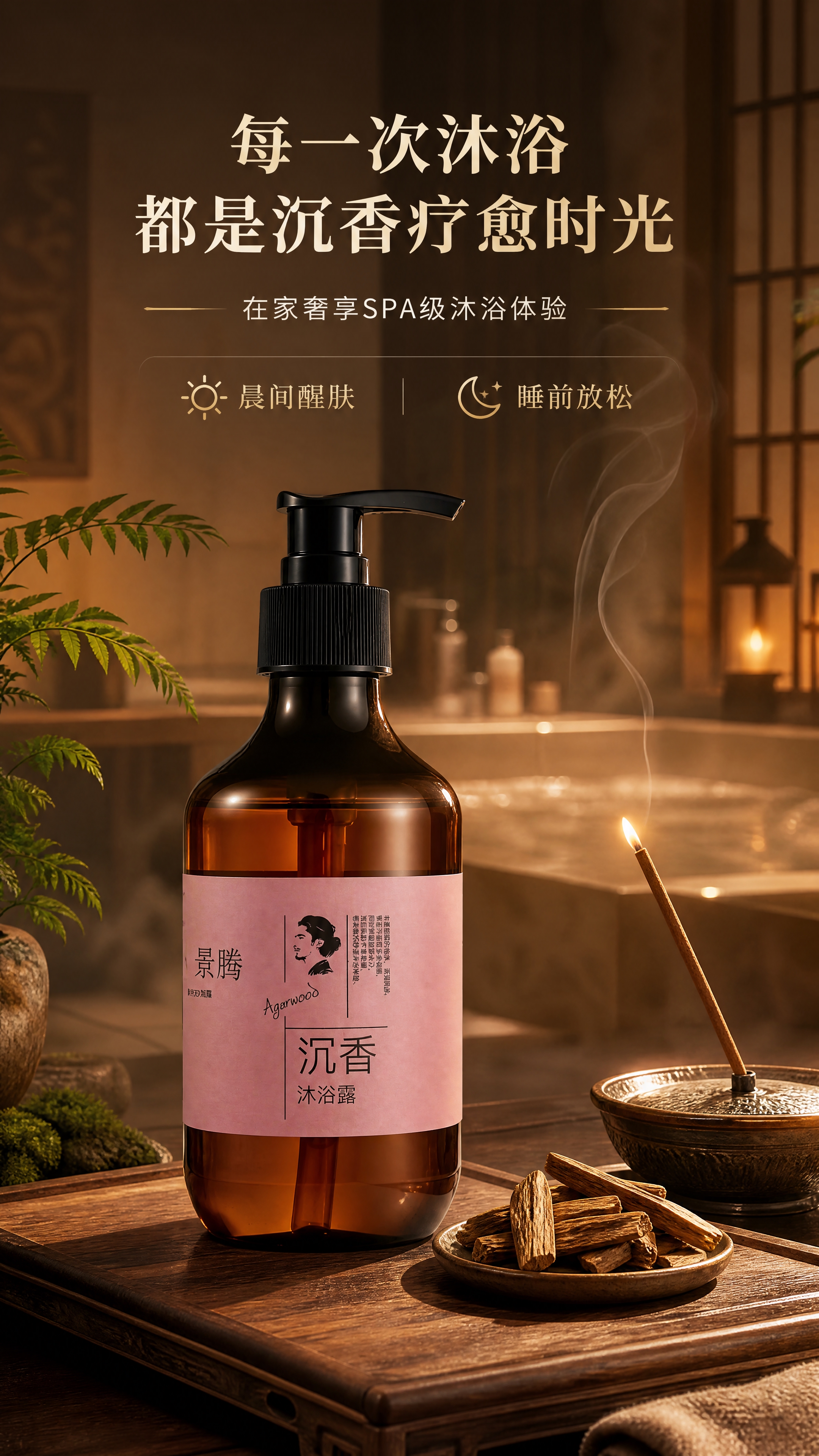 [商品] 使用【图1】景腾沉香沐浴露；保留琥珀棕瓶身、黑色泵头… - 图片创意预览