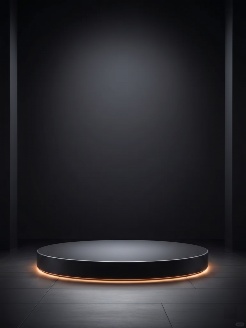 将图中的圆形展示台缩小一点，保持黑色背景和发光灯带设计不变，整体风格保持一致预览效果