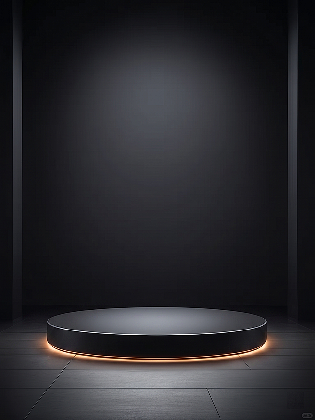将图中的圆形展示台缩小一点，保持黑色背景和发光灯带设计不变，整体风格保持一致