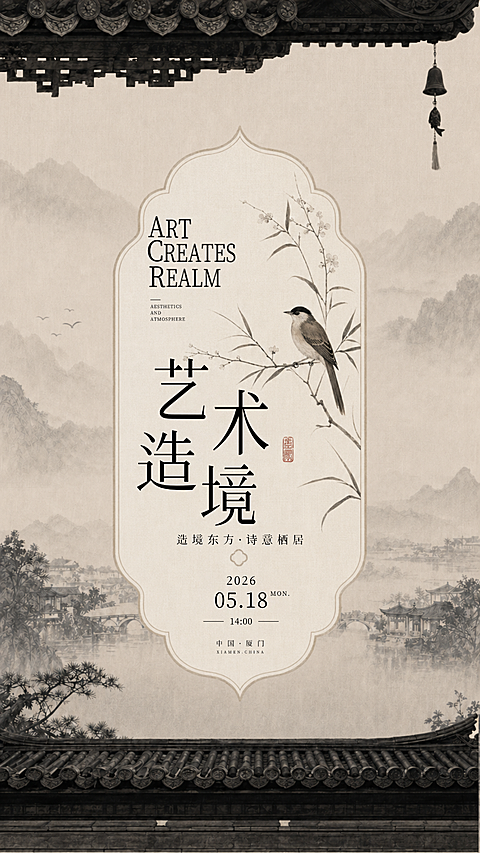 新中式极简邀请函人文艺术微信朋友圈竖版海报