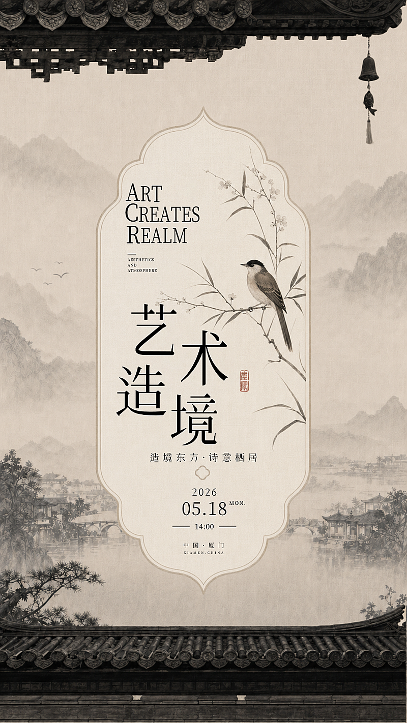 新中式极简邀请函人文艺术微信朋友圈竖版海报