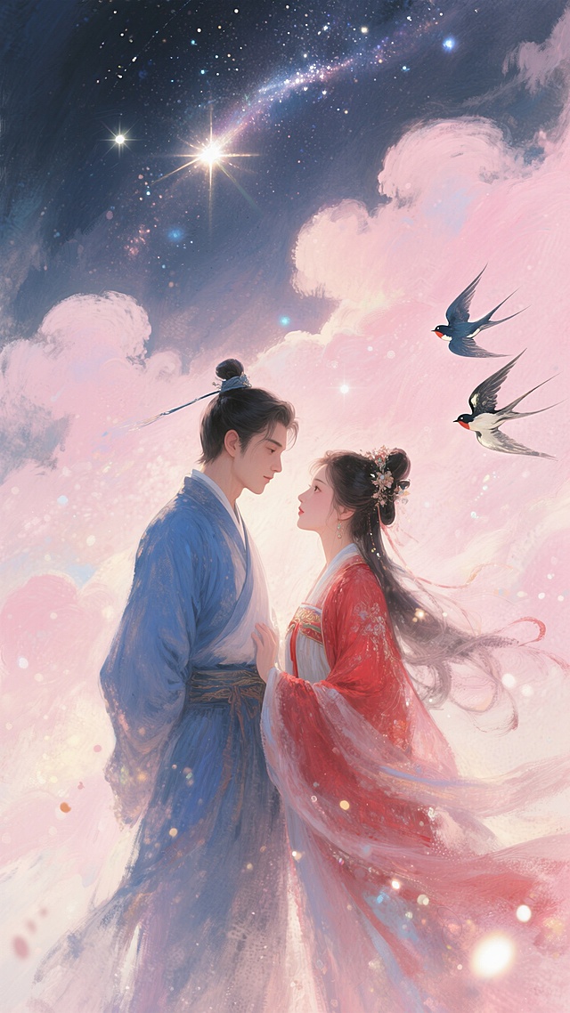 中国古代传统风格，古风情侣身着飘逸古装，深情对视，男子身穿蓝衣，女子身穿红衣。背景是银河，云朵，喜鹊在空中飞翔，画面整体呈现浪漫的粉色调。