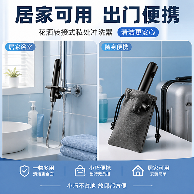 [主图-4] 花洒转接式私处冲洗器 真实浴室场景与便携性展示，居家可用携带方便。
[统一基调] 拼多多风格，大字直白，性价比感，洁净明亮，主标题粗黑大字，辅助字缩小50%以上，强调色用科技蓝，背景主色为蓝色系真实浴室场景，整体生活感强。
[画面] 真实现代浴室场景，蓝色调瓷砖墙面，白色洗手台，产品放置在洗手台边缘，旁边有花洒软管和一个小巧的收纳袋，暗示便携性。画面分为左右两个小场景：左侧是居家浴室场景，产品安装在花洒旁的使用状态示意；右侧是便携场景，产品被放入一个小型收纳袋中，旁边有行李箱一角暗示出行携带。产品在两个场景中都保持完整外观。
[光影质感] 真实家居摄影质感，浴室自然光从窗户洒入，光线柔和明亮，产品在场景中比例自然，阴影真实，无悬浮感，收纳袋布料质感真实。
[配色] 背景主色为蓝色系浴室真实场景色，标题字色为深蓝色，辅助文字白色或深灰色，强调色科技蓝，产品保持原图黑色金属质感不变。
[文字版式] 顶部大标题粗黑大字「居家可用 出门便携」，左右两个场景分别标注「居家浴室」和「随身便携」。底部一行小字「小巧不占地 放哪都方便」。文字放在负空间不遮挡产品。
[输出要求] 1:1正方形，2048x2048，文字清晰可读，产品在场景中比例自然，场景真实有代入感，无错字，无水印，无平台Logo，无人物面部，产品结构完整。