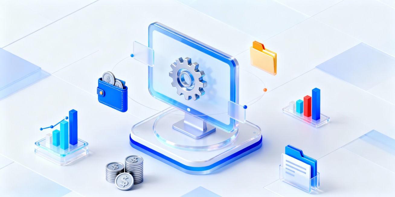 中心突出展示电脑屏幕，屏幕中间展示一个齿轮，周围漂浮钱包、柱状图表、钱币、文件夹等科技风格立体图标点缀，3D渲染，磨砂玻璃质感，有透明感，浅蓝色白色渐变配色，搭配少量相似色和点睛色做点缀，严肃活泼，空预览效果