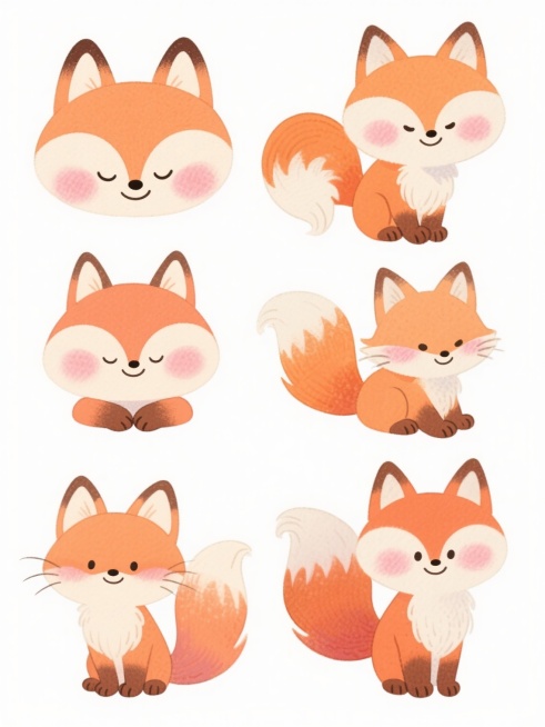6个不同样式、不同种类、不同外观的卡通狐狸，每个狐狸都具有手绘水彩质感，橙白渐变毛发，圆润可爱的头部，耷拉的耳朵，闭合的微笑眼睛，脸颊有粉色红晕，蓬松卷曲的尾巴，棕色的小爪子，白色背景，排列整齐，风格统一，保持治愈系氛围。预览效果