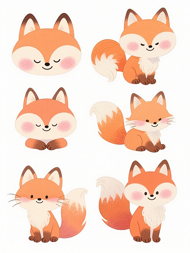 6个不同样式、不同种类、不同外观的卡通狐狸，每个狐狸都具有手绘水彩质感，橙白渐变毛发，圆润可爱的头部，耷拉的耳朵，闭合的微笑眼睛，脸颊有粉色红晕，蓬松卷曲的尾巴，棕色的小爪子，白色背景，排列整齐，风格统一，保持治愈系氛围。