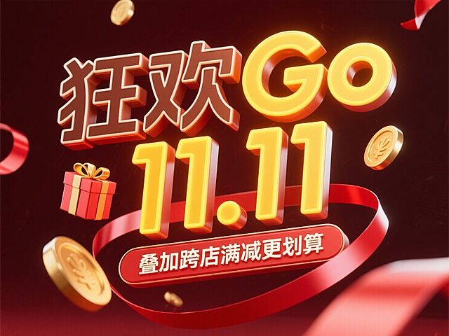 深红色背景，“狂欢Go 11.11"霓虹立体字，棕黄渐变材质，底部悬浮副标题"叠加跨店满减更划算"，周围漂浮着金币与礼品盒，环绕着红色丝带