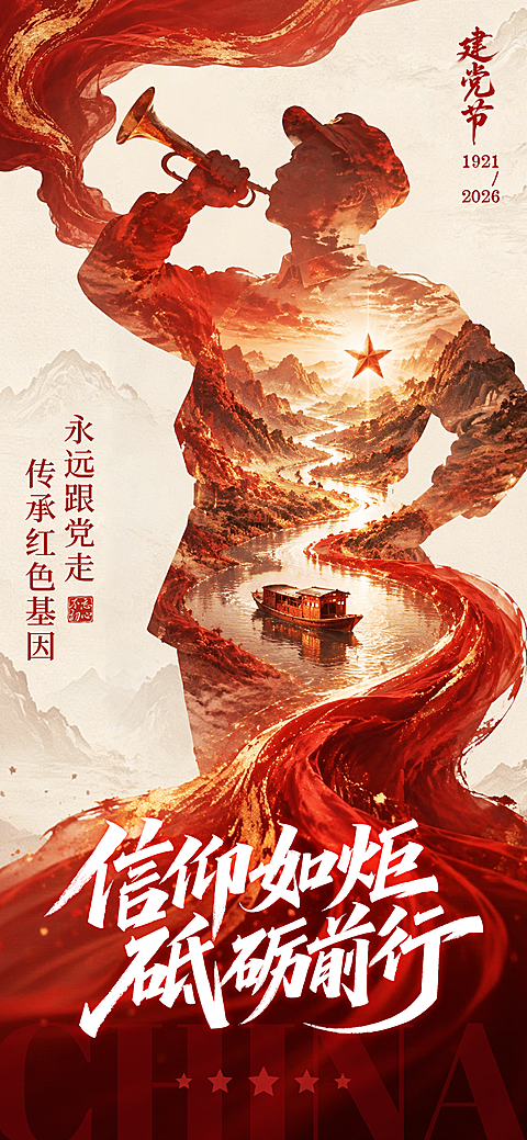 七一建党节71节日宣传祝福山河壮阔实景剪影全屏竖版海报