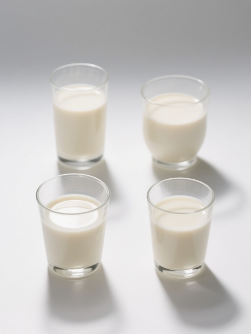 纯白背景上，四个规整排布的不同造型豆浆杯，每个杯子都呈现出简约现代的设计风格，杯身透明玻璃材质，内部装满米白色的豆浆，表面光滑有光泽，光线从上方柔和照射，在杯身底部形成自然的阴影，整体画面干净整洁，无任何文字、logo和水印，突出豆浆杯的造型美感和质感。预览效果