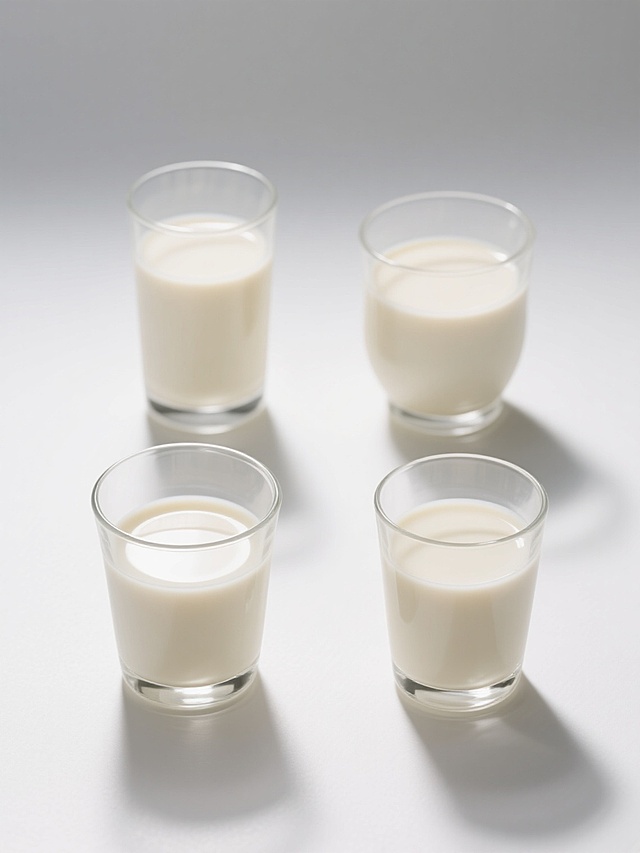 纯白背景上，四个规整排布的不同造型豆浆杯，每个杯子都呈现出简约现代的设计风格，杯身透明玻璃材质，内部装满米白色的豆浆，表面光滑有光泽，光线从上方柔和照射，在杯身底部形成自然的阴影，整体画面干净整洁，无任何文字、logo和水印，突出豆浆杯的造型美感和质感。