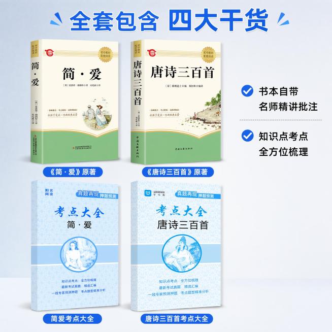 使用电商主图技能生成5张比例1:1的电商主图，适配平台为抖音，商品为「图片1」「图片1」「图片1」「图片1」，商品卖点为人教版九年级上册指定阅读：简爱 + 唐诗三百首全套 中考必考两本名著，完整无删减预览效果