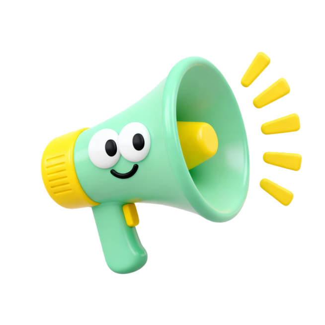 重新创建可爱的3D拟人卡通喇叭，浅绿色喇叭主体搭配黄色手柄和黄色声波，保留大大的卡通白色眼睛和黑色微笑嘴巴，透明背景，保持立体光滑质感，调整细节让融合更自然预览效果