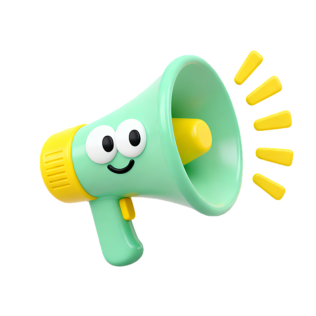 重新创建可爱的3D拟人卡通喇叭，浅绿色喇叭主体搭配黄色手柄和黄色声波，保留大大的卡通白色眼睛和黑色微笑嘴巴，透明背景，保持立体光滑质感，调整细节让融合更自然