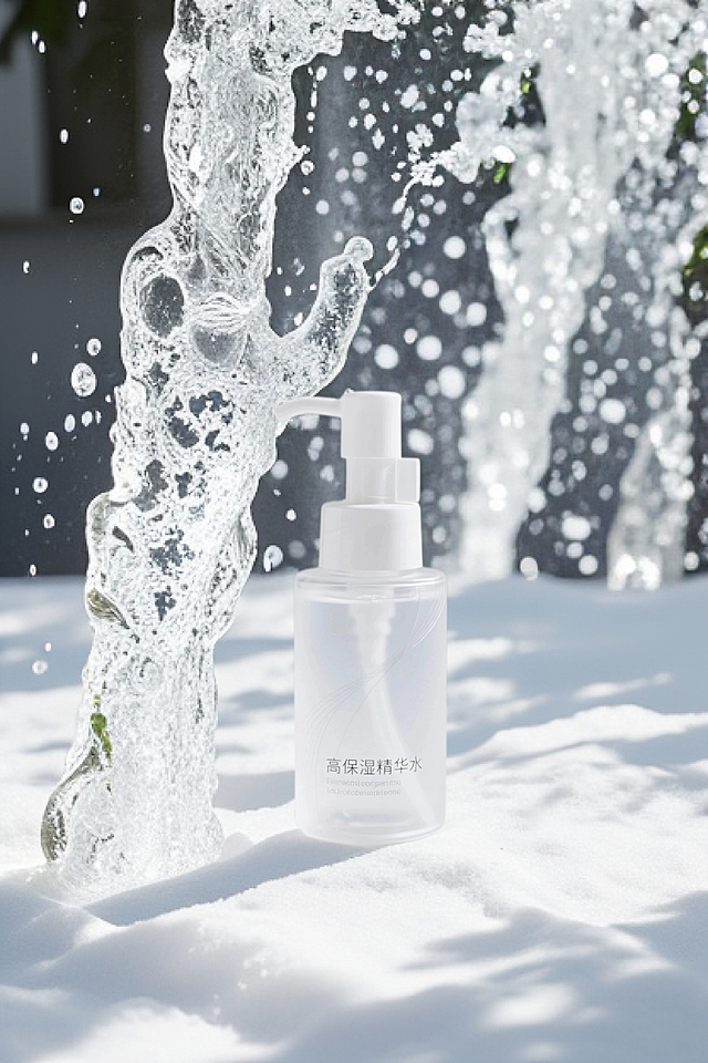 白色背景，主体被放在冲击的水流中，水花四溅