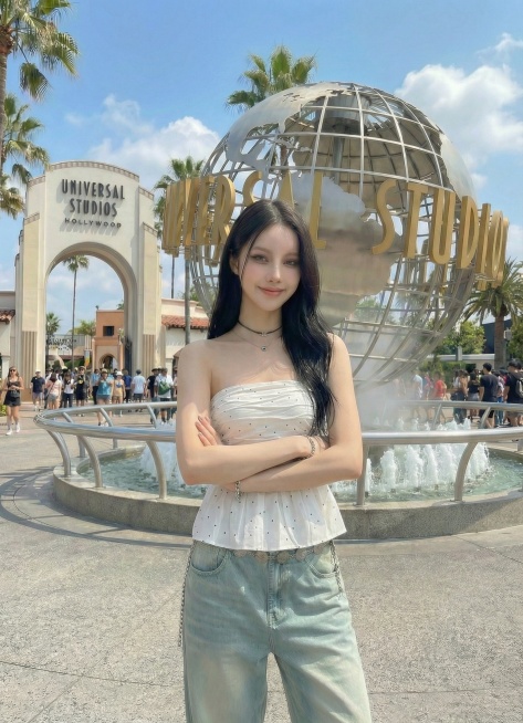 保持模特和服饰不变，背景为环球影城，生成正面双手抱胸的姿势图片预览效果