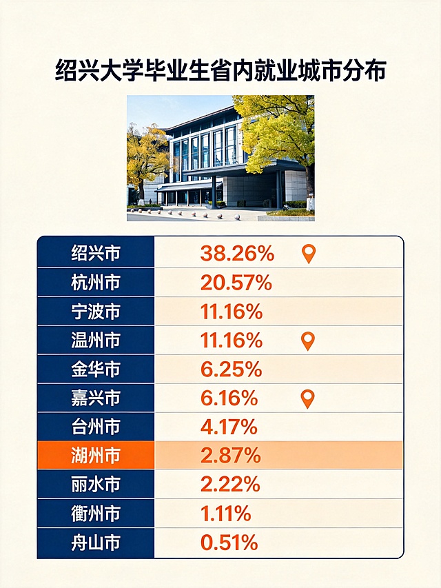 绍兴大学毕业生省内就业城市分布信息图，3:4竖版，暖米白底色，藏蓝主色，橙色强调色，大标题+模块分区+要点列表，列出各城市占比：绍兴市38.26%、杭州市20.57%、宁波市11.16%、温州市6.72%、金华市6.25%、嘉兴市6.16%、台州市4.17%、湖州市2.87%、丽水市2.22%、衢州市1.11%、舟山市0.51%，关键数据橙色高亮，添加城市定位图标，顶部插入理工楼实景图