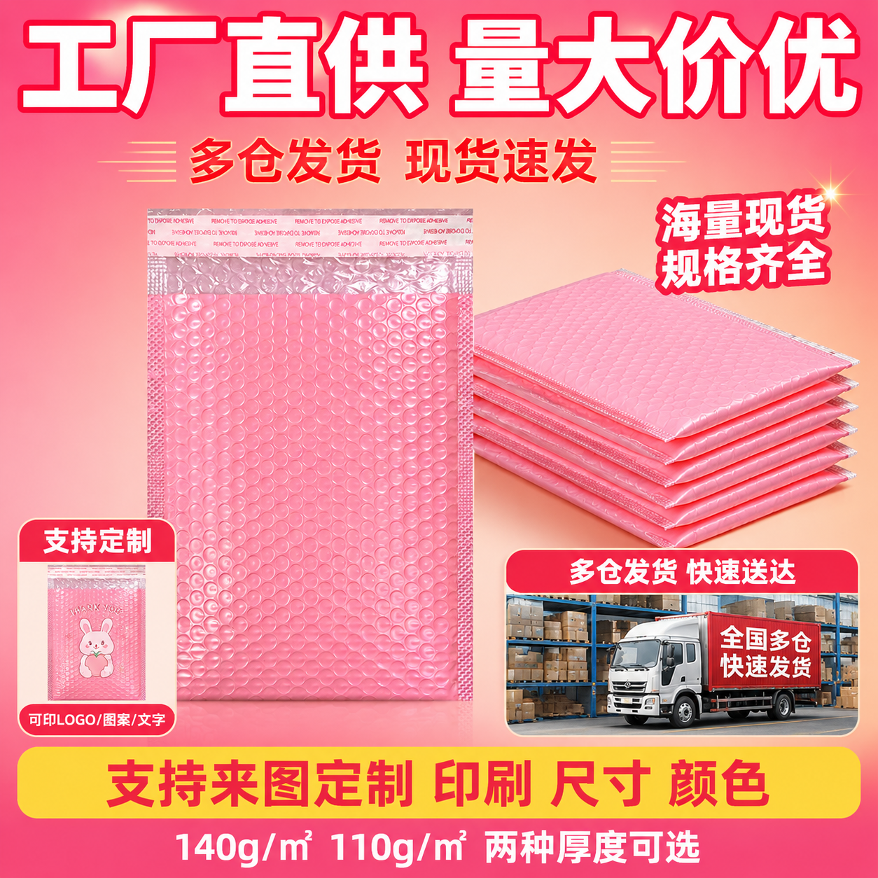 [主图-5] 粉色共挤膜气泡袋卖点图，主题为“工厂直销量大价优… - 图片创意预览
