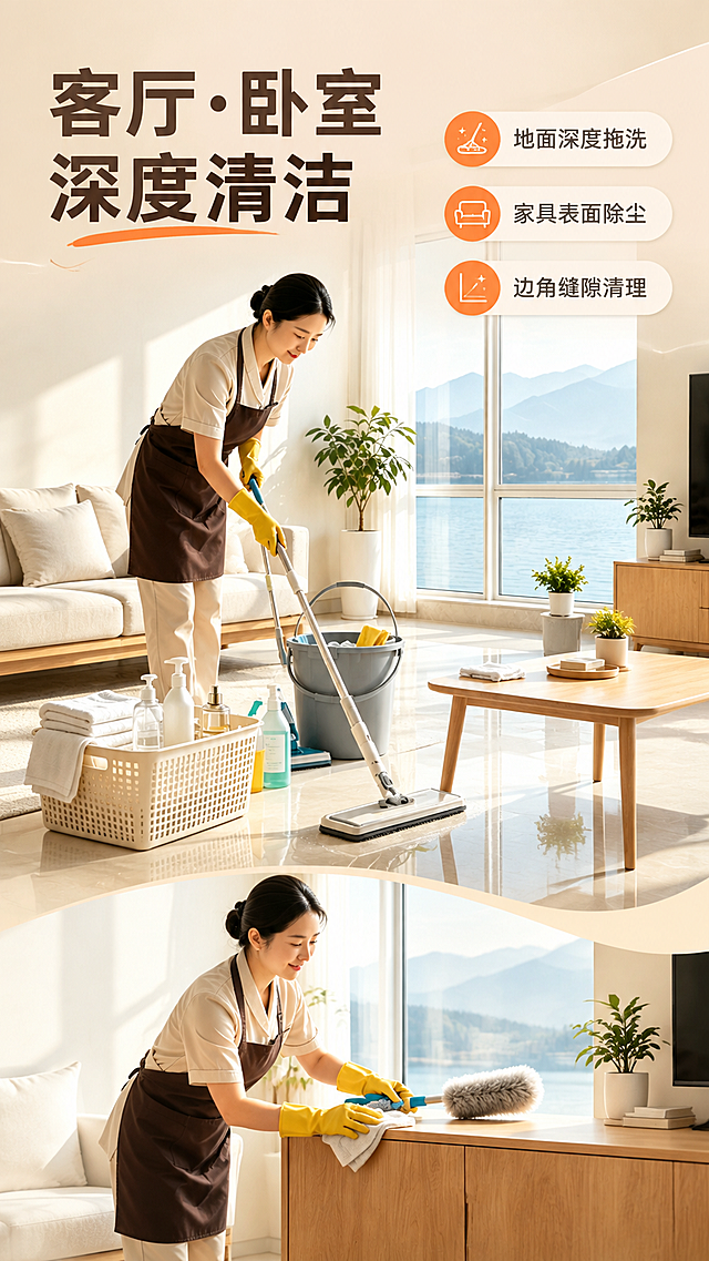 [商品] 全屋深度清洁上门服务；使用【图1】【图2】中客厅清洁场景，保留保洁人员形象（米色工作服、围裙、黄手套）、清洁工具、客厅空间（沙发、茶几、电视柜、落地窗湖景）的结构与色调。
[画面] 目标：客厅卧室清洁详情页，展示客厅地面拖地与家具表面除尘的专业服务。构图：竖版9:16，上半部分为保洁人员拖地的主场景（使用图1），下半部分为家具擦拭细节（使用图2）+ 文字卖点。主体占画面65%，保洁人员动作专业自然。前景：清洁工具篮、反光地面；中景：保洁人员清洁动作、家具；后景：落地窗湖景。
[视觉] 套系策略：风格=温馨专业的家居服务商业摄影风；标题字=粗黑体，稳重有力；正文字=常规黑体，清晰易读；主色=暖米杏色；背景延展=基于暖米杏做深浅层级、同色渐变和细腻墙面/地面质感；强调色=暖橙色，仅用于小面积图标、引线、标签和重点文字高亮；标题色=深棕灰；正文色=中暖灰；组件=圆角浅底信息卡、细线引线、简约图标；光影=左侧暖自然光，柔和明亮，营造干净通透的居家氛围。
[文字] 左上主标题：客厅·卧室深度清洁；右侧配3个卖点：① 地面深度拖洗 ② 家具表面除尘 ③ 边角缝隙清理。文字区位于画面上部与右侧，不遮挡保洁人员主体动作。所有文字横排。
[规格] 图片比例9:16竖版，4K分辨率，京东平台适配，避免变形、错字、文字过小、人物不自然、工具缺失。