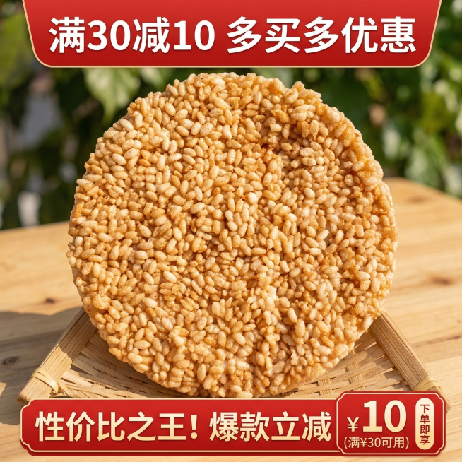 傣族米花电商主图，800×800尺寸。顶部卖点「满30减10 多买多优惠」，产品居中放大展示诱人色泽，底部用醒目的红色促销标签标注优惠信息，突出性价比，吸引消费者下单。预览效果