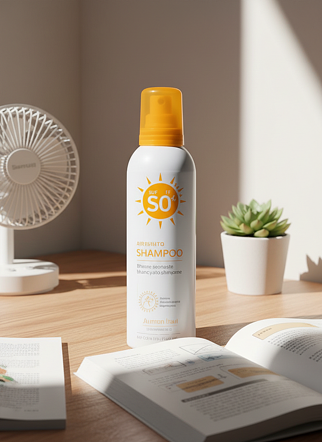 制作这瓶防嗮喷雾的电商主图，把它放在宿舍原木书桌上，旁边有小风扇、绿植、书本