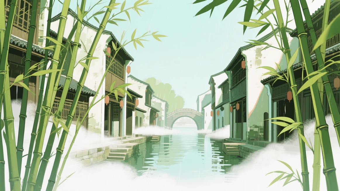 二次元古风，古城，江南烟雨，河边，古街上，迷雾，竹子，构图夸张，浅绿色，细节丰富，不要人物，生成2张，16:9预览效果