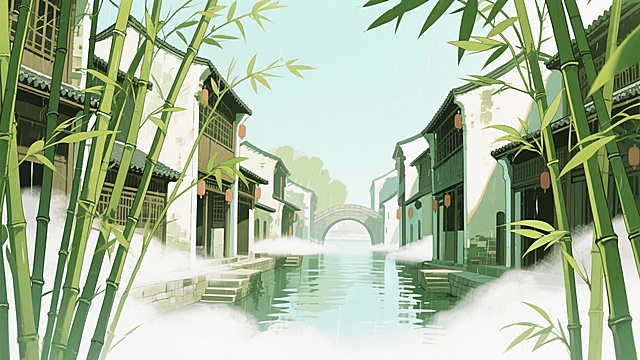二次元古风，古城，江南烟雨，河边，古街上，迷雾，竹子，构图夸张，浅绿色，细节丰富，不要人物，生成2张，16:9