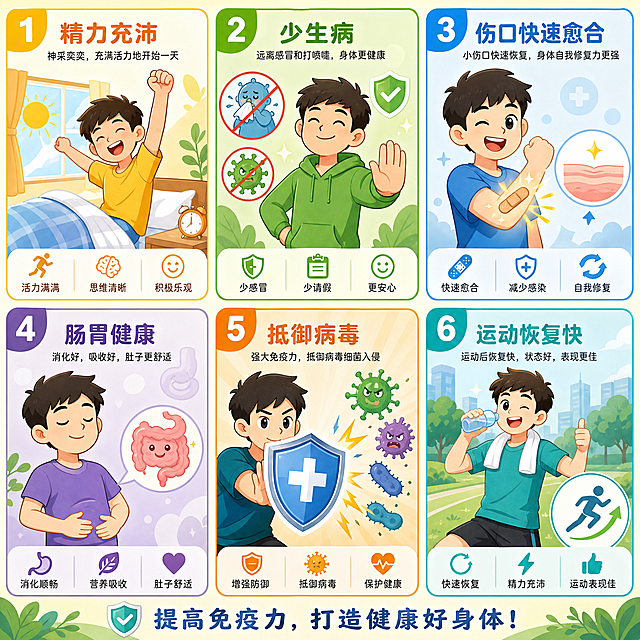 一张分为六个不同分区的插图，每个分区展示免疫力提高后的一个身体优势场景，整体采用扁平卡通风格，色彩明快，分别展示：精力充沛、少生病、伤口快速愈合、肠胃健康、抵御病毒、运动恢复快六个场景，排版整齐清晰