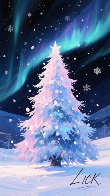 圣诞节元素海报，中间是油画风格的粉蓝色圣诞树，背景是极光夜晚星空，圣诞树周围飘着雪花和小雪花，右下角有“LICK”手写体签名，整体氛围高级、清晰，油画风预览效果