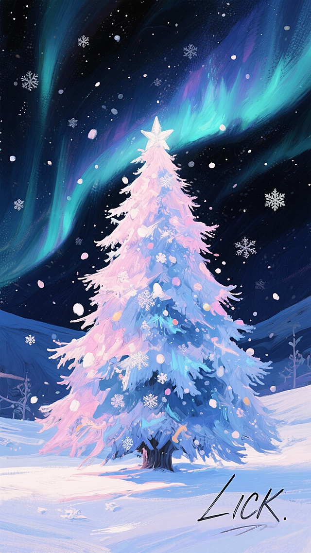 生成一张9:16的海报，内容是圣诞节元素，中间有一颗油画的粉蓝色圣诞树，油画风，背景极光夜晚星空，右下角有“LICK”手写体签名，圣诞树周围有雪花，小雪花，整体氛围感，高级，清晰