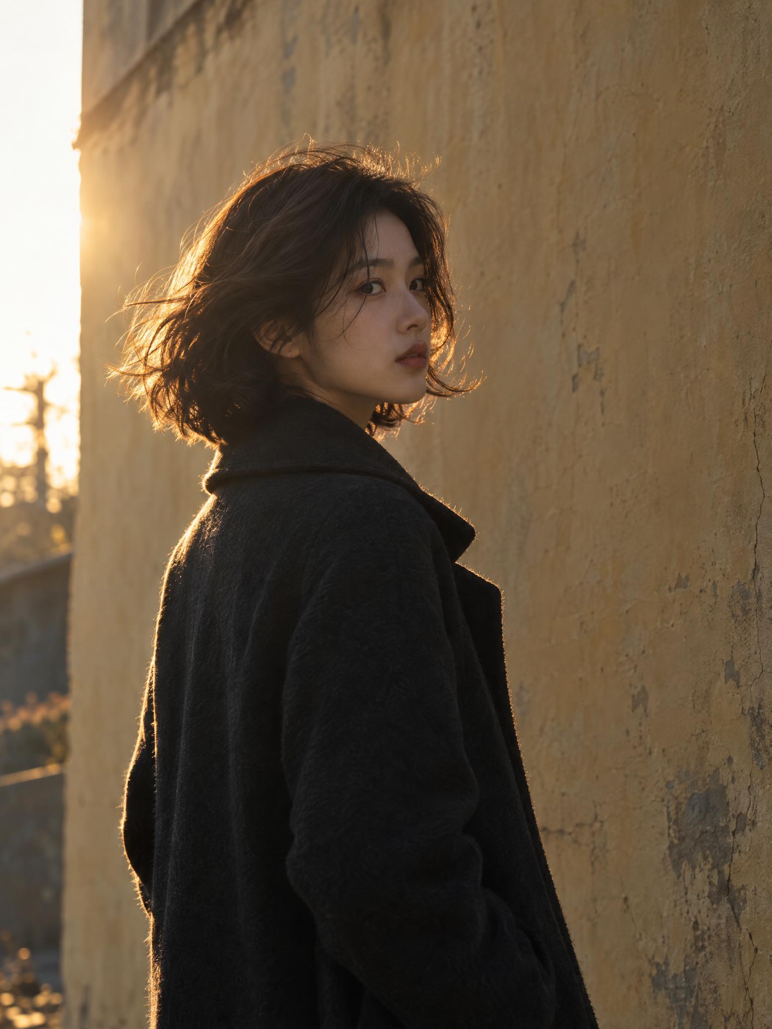竖版3:4写实电影静帧：逆光中，原创东亚年轻女性站在高大的米黄… - 图片创意预览