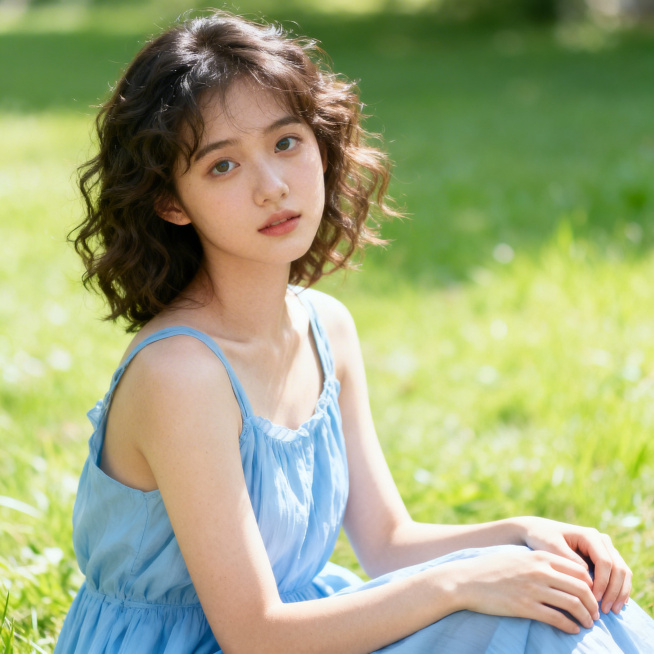 写实人像摄影，清新少女，浅蓝连衣裙，户外草坪，自然光，人像干净预览效果