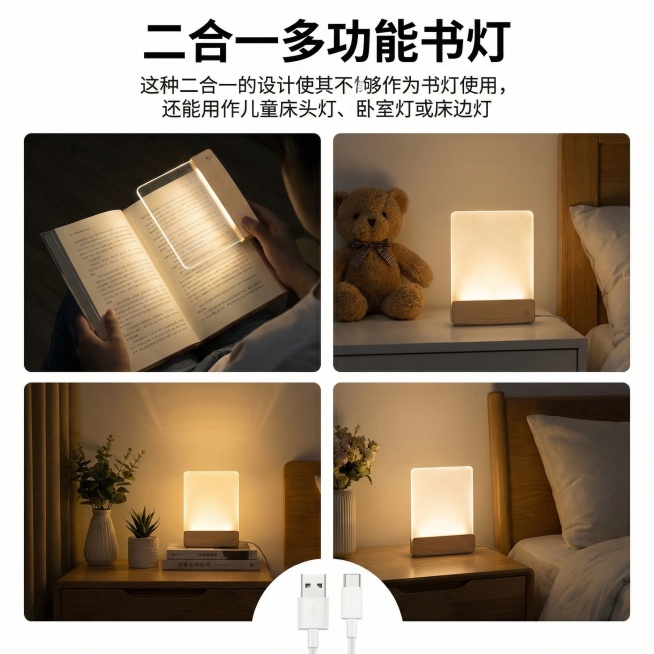 制作该二合一书灯的产品宣传图，分别展示它作为书灯、儿童床头灯、卧室灯、床边灯的使用场景，搭配文字'这种二合一的设计使其不仅能够作为书灯使用，还能用作儿童床头灯、卧室灯或床边灯'预览效果
