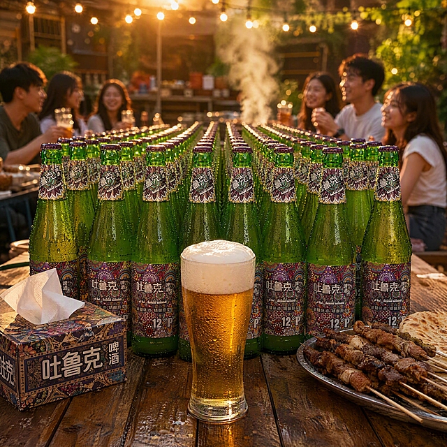 超写实第一视角美食摄影。
主体：吐鲁克啤酒瓶严格参照上传产品图，完整保留所有可见组件、瓶身轮廓、绿色玻璃材质、水珠、彩色民族花纹标签、"吐鲁克啤酒""新疆味道 精酿原浆""12°P"文字与图案，与上传图完全一致；前景一只倒满金黄色啤酒的玻璃杯，泡沫丰厚饱满即将溢出杯口，杯壁挂满细密冷凝水珠，啤酒瓶与啤酒杯自然融入场景光影，与场景共处同一物理空间。桌面上像保龄球瓶一样整齐摆满整排同款绿色啤酒瓶，铺满整张桌子，形成强烈视觉冲击。
构图：第一视角微俯视10°，啤酒杯位于前景中央为第一视觉焦点，啤酒瓶阵列向烤炉方向延伸，背景人物虚化，产品占画面约60%，完整不裁切。
风格：简约清新，带新疆民族风情点缀。
场景：户外小院烧烤小聚，傍晚黄昏，烟火气十足。
空间/承载：①前景，铁艺折叠木面餐桌，做旧木纹；②桌面，整齐排列的绿色啤酒瓶阵列如保龄球瓶般铺满整张桌子；③中央前景，一只倒满啤酒即将溢出泡沫的玻璃杯；④背景，小院露台，烧烤架冒着轻烟，串灯悬挂。
陪衬/软装：①桌面左侧，新疆风格印花纸巾盒，彩色民族纹样；②桌面右侧，铁盘装着烤羊肉串与烤馕；③背景虚化处，中国年轻男女朋友们围坐烧烤说笑，人物虚化不抢焦点；④上方，暖色串灯形成柔和光斑，远处绿植藤蔓。
配色/材质：啤酒金 / 玻璃绿 / 原木棕 / 炭黑 / 民族纹样多彩；玻璃 / 实木 / 铁艺 / 陶瓷 / 织物。
光影：主光为黄昏暖金色逆光从后方斜入，勾勒啤酒瓶与泡沫边缘发光，前方补光照亮产品正面，烧烤火光与串灯形成暖色调氛围，整体热闹有烟火气。
人物：背景虚化的中国年轻男女朋友们，东亚面孔，休闲夏日穿着，围坐烧烤说笑举杯，人物完全虚化仅保留热闹氛围，不抢产品焦点。
参数：4K 写实光追，浅景深，背景虚化。严格锁定宽高比为 1:1。