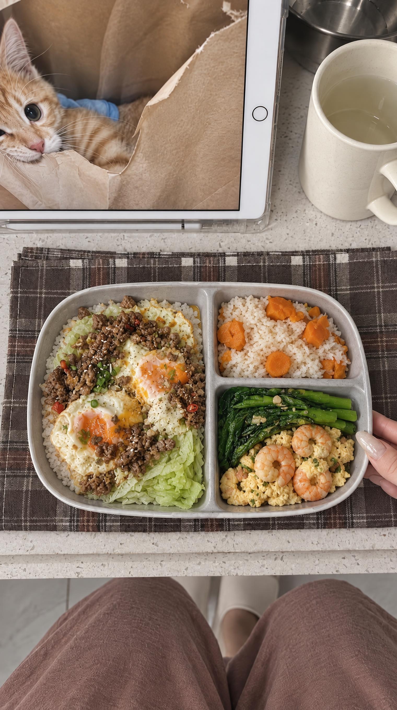 俯视视角，一只手托着灰色三格便当盒，里面装着：牛肉末煎蛋卷心菜… - 图片创意预览