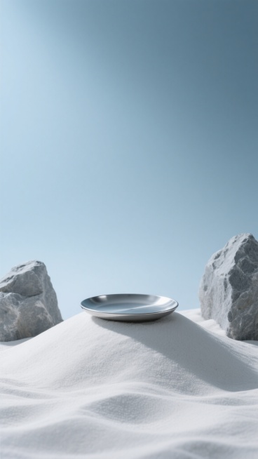 极简主义风格静物摄影，柔和的渐变蓝色背景，前景是细腻质感的白色沙堆，沙堆上放置着一个光滑的圆形金属托盘，托盘呈现冷调的银色光泽，左右两侧各有一块粗糙纹理的灰色岩石，整体构图采用对称平衡布局，光源从左上方柔和照射，在沙堆和物体表面形成清晰柔和的阴影，营造出宁静、清冷、高级的氛围，色调统一为蓝白灰冷色系，画面简洁干净，突出材质对比和光影层次。预览效果