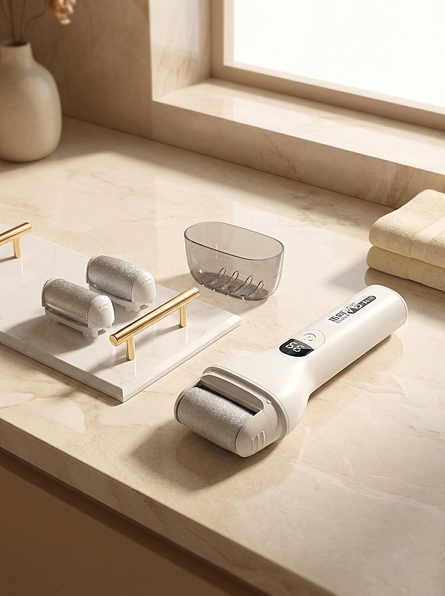 Keep the complete product combination: the main white electric foot file + 2 replacement grinding heads + transparent storage box, the product details unchanged, replace with a new real warm bathroom daily scene, place on a clean light-colored bathroom countertop, soft natural window light, high-end minimalist style, highlight the texture of the product, keep the size 900*1200 pixels, the scene is real and natural, the product is clear prominent
