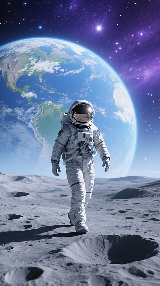 宇航员在环形山遍布的月球表面行走，背景是巨大的蓝色星球和璀璨的星空，整体采用深邃的蓝紫色调，星球表面有白色云层和绿色陆地纹理，星空点缀着明亮的星星，宇航员穿着银白色宇航服，头盔反射着星光，画面呈现出宇宙的神秘与浩瀚，具有超写实的3D质感，光影效果突出，月球表面的阴影和高光细节丰富，整体氛围宁静而壮丽。