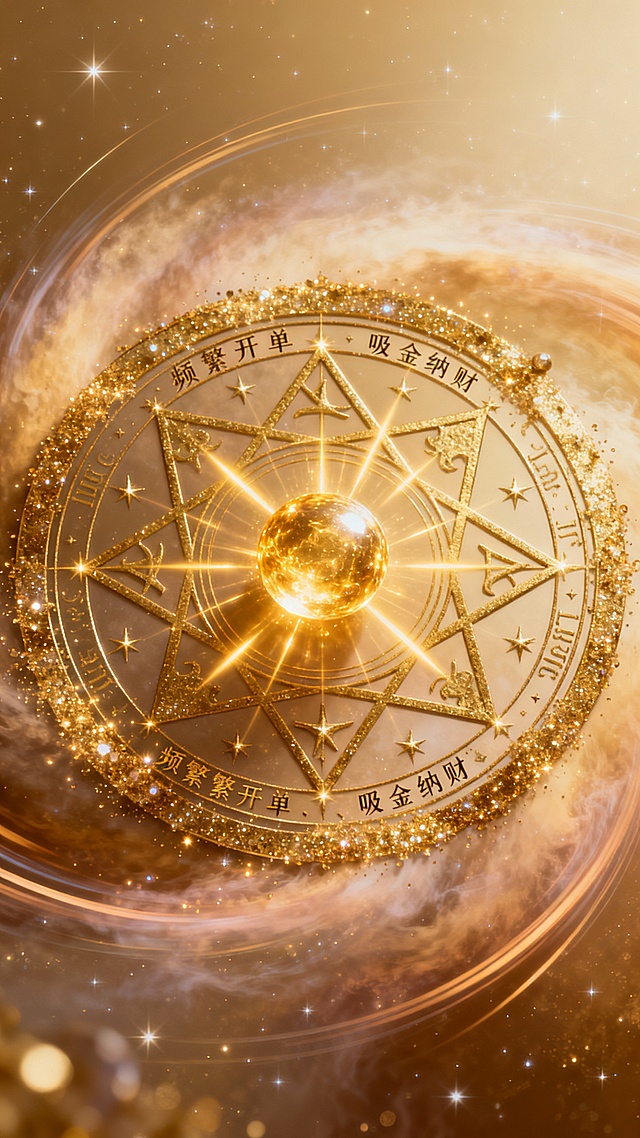 手机壁纸尺寸，宇宙级金曜石能量符文阵，动态的金色星芒从阵眼向四周迸发，鎏金符文边缘缠绕着闪烁的金粉粒子，中心悬浮着一颗跳动的黄金能量球，背景是渐变的琥珀金与香槟金交织的星云，带有流动的光轨效果，8K超清，高对比度的光影层次，充满“频繁开单、吸金纳财”的磅礴宇宙能量，画面精致无噪点，符合小红书轻奢玄学审美
