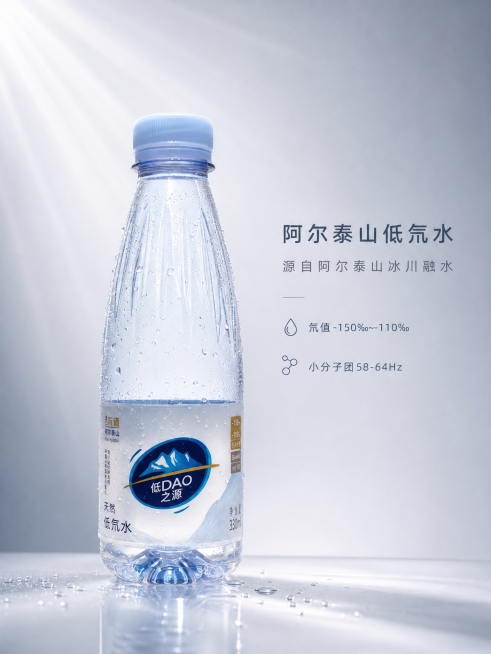 参考第一张海报的高级极简风格，替换为第二张图中的阿尔泰山低氘水产品瓶，单瓶居中展示，侧前方柔光，浅灰蓝渐变背景，瓶身保留冷凝水珠效果，整体保持和参考图一致的光影。画面右侧添加：主标题"阿尔泰山低氘水"预览效果