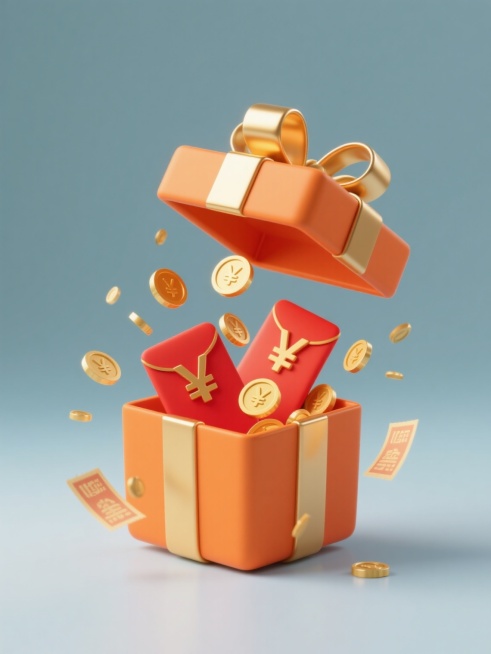 简约现代风格的促销元素系列素材，纯色背景，规整排布的单一元素图案。第一张：橙色立体礼盒，盒身带有金色丝带蝴蝶结装饰，礼盒内打开的红色红包中散落出带有¥符号的金色金币，金币和红包从礼盒中溢出，周围有飘落的金色优惠券，整体造型简洁明快，光影柔和，高光细节突出材质的光滑感，符合促销活动的喜庆氛围。预览效果