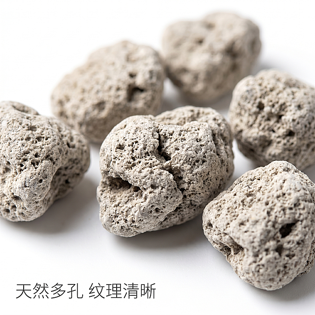 [主图 3] 轻石细节特写展示图
[氛围风格] 极致质感 微距特写
[画质] 商业摄影质感、光线柔和通透、产品清晰真实、画面干净高级。
[元素] 微距放大拍摄5-6颗完整的轻石颗粒，重点突出展示轻石表面粗糙多孔的天然纹理。颗粒均匀摆放在纯净白色背景上，保持轻石产品外观（物理结构、材质质感、颜色）与输入产品图绝对一致，杜绝任何变形和色差，精细化处理。商品主体占比严格控制在70%左右，画面满屏无边框。
[光影] 侧光打亮颗粒轮廓，突出孔隙纹理细节，形成柔和明暗对比，清晰展现材质真实感。
[配色] 纯净白色背景，浅灰色轻石颗粒，自然真实配色。
[视角构图] 微距平视特写，焦点清晰对准颗粒表面纹理，背景虚化突出主体。
[文字版式] 画面左下角标注文字「天然多孔 纹理清晰」，深灰色细体字，不遮挡主体产品。
[比例分辨率] 1:1比例，2k分辨率；文字清晰锐利，画面超高清。
[负向提示词] 变形，水印，文字错乱，产品图模糊，背景杂乱，色差，纹理失真