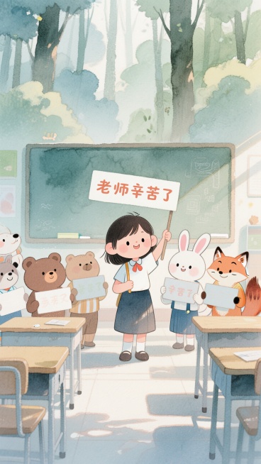 卡通插画风格，一个可爱的Q版小女孩老师被一群小动物学生（小熊、小兔、小狐狸）包围着，小动物们举着“老师辛苦了”的牌子，背景是充满童趣的森林教室，色彩明亮柔和。预览效果