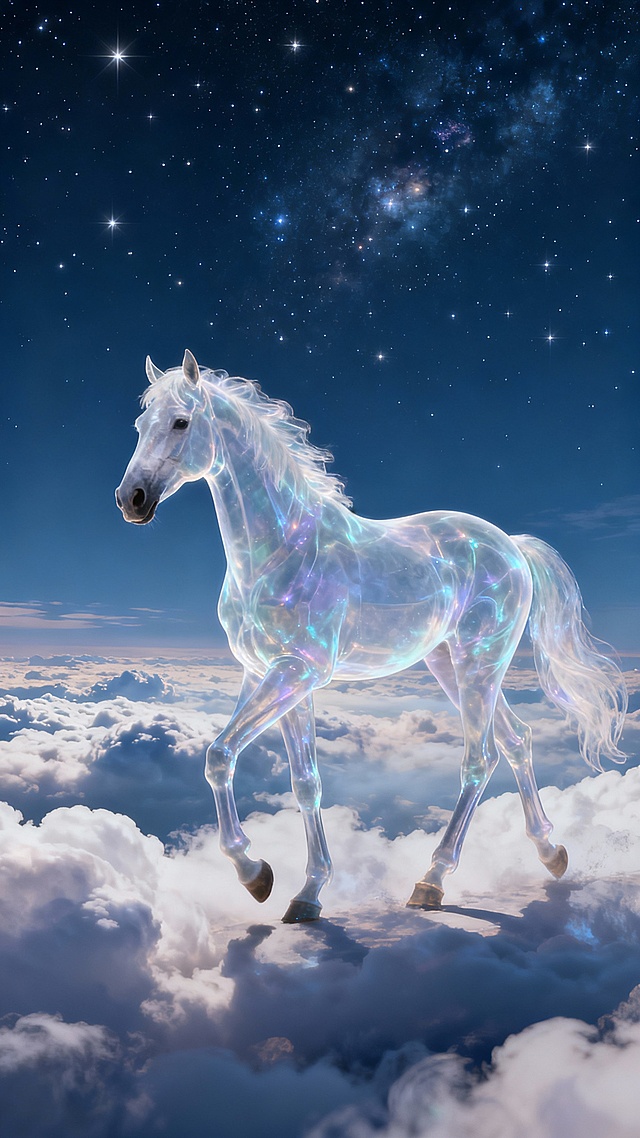 梦幻感与唯美感交织的3D插画风，透明玻璃质感的天马踏云而行，星光粒子环绕，超现实主义呈现神圣与浪漫的宇宙奇景。