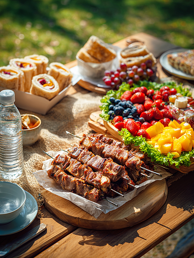 8K ultra HD, extreme realistic commercial photography, super strong sense of reality, perfect golden ratio composition, shallow depth of field effect, the foreground food subject is extremely clear and sharp, the background is clean and softly blurred, early April spring outdoor picnic scene, the core main visual is a log-colored folding camping egg-roll table, the table is filled with a combination of rich and exquisite picnic food: fragrant shiny grilled meat skewers with browned texture, sliced Italian thin-crust pizza with pulled mozzarella cheese, fresh cut chiffon cake with dense animal cream frosting, whole wheat sandwich filled with crispy vegetables, juicy and plump seasonal fresh fruit platter, with 2 food-grade matte white takeaway boxes, one box contains cut strawberries, blueberries, king grapes, mango fresh cut fruits, the other box contains packed sandwich snacks, full food texture details, visible soft pores of bread, dense pulled cheese, shiny browned texture of grilled meat, moist transparent fruit frost luster of fruits, dense smooth texture of cream, fine matte texture of takeaway box, the table is matched with unlabeled transparent glass sparkling water bottle, fresh lettuce, cluster cherry tomatoes, yellow lemon, the natural wood grain texture of the log table top is clearly visible, a beige cotton linen texture Kermit folding chair is placed next to the table, the background is a forest park in early April spring, a large area of tender green and delicate flat lawn, dense spring fresh green plants, soft spring side backlight, sunlight sprinkles gentle circular light spots through the leaves, fine dust particles floating in the air, transparent and fresh natural light and shadow, warm bright healing atmosphere, ins style, popular picnic style on Xiaohongshu, fresh and transparent color, clean and advanced picture, no extra debris, the overall picture is harmonious and natural, extremely prominent the food subject