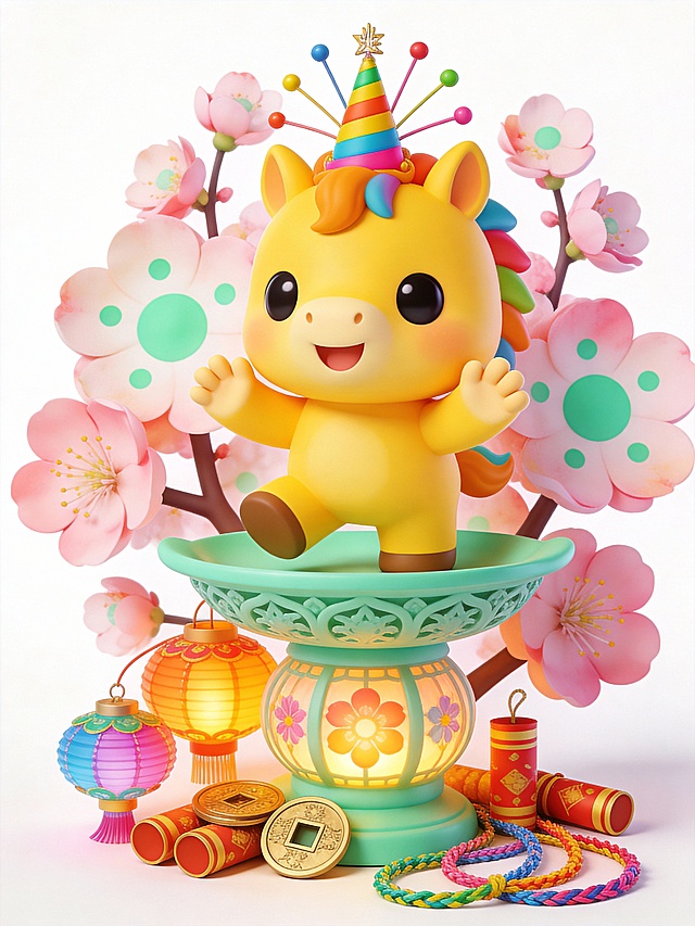 生成一套八张不同姿势的3D卡通素材图，主角是一只圆润黑眼睛、表情呆萌可爱的 Q 版黄色小马，整体呈现高饱和度的多巴胺糖果色系，纯白色背景，完整展示所有素材
1、粉色的招财鼎承载的新春场景中：小马两只前蹄抱着一副红底金字春联，嘴角微微上扬，它身后簇拥着表面带浅绿色波点的风格化绿色松树，招财鼎底座下摆放着烫金灯笼、方孔铜钱、炮竹与一张倒福字。
2、橘色元宝形礼盒承载的新春场景，小马只前蹄抬起作揖拜年，另一只前蹄抱着烫金红包，耳朵微微晃动，它身后簇拥着花瓣带浅蓝色波点的风格化红梅，礼盒底座下摆放着剪纸灯笼、方孔铜钱、炮竹与一沓压岁红包。
3、檬黄色多层食盒承载的新春场景，小马两只前蹄牵着系着粉丝带的点心礼盒，脑袋歪向一侧卖萌，它身后簇拥着花叶带嫩黄色波点的风格化水仙，食盒底座下摆放着手绘灯笼、方孔铜钱、炮竹与几盒精致的酥糖点心。
4、青柠绿色描金果盘承载的新春场景，小马一只前蹄举着一串红彤彤的糖葫芦，正眯着眼睛啃咬得津津有味，它身后簇拥着枝条带翠绿色波点的风格化银柳，果盘底座下摆放着复古印花灯笼、方孔铜钱、炮竹与一盘装满瓜子花生的果盘。
5、天蓝色陶制食罐承载的新春场景，小马两只前蹄捧着一盘金黄的灶糖，尾巴轻轻摇摆着，它身后簇拥着竹节带天蓝色波点的风格化富贵竹，食罐底座下摆放着镂空宫灯、方孔铜钱、炮竹与一个迷你的木质灶台摆件。
6、橘红色描金聚宝盆承载的新春场景，小马两只前蹄举着一个沉甸甸的大金元宝，耳朵竖得笔直，它身后簇拥着叶片带橘红色波点的风格化年桔，聚宝盆底座下摆放着招财进宝主题灯笼、方孔铜钱、炮竹与一顶精致的财神帽。
7、紫罗兰色竹编簸箕承载的新春场景，小马一只前蹄握着一把小巧的竹扫帚，正在轻轻扫着地，它身后簇拥着花瓣带淡紫色波点的风格化腊梅，簸箕底座下摆放着简约条纹灯笼、方孔铜钱、炮竹与一袋饱满的五谷杂粮。
8、薄荷绿色雕花花灯盏承载的新春场景，小马头顶戴着一个彩色的人胜发饰，两只前蹄开心地拍着，它身后簇拥着花瓣带薄荷绿色波点的风格化桃花，花灯盏底座下摆放着缤纷花灯、方孔铜钱、炮竹与几缕五彩的编织彩绳。