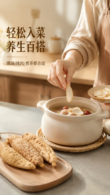 [第6屏] 人物使用场景，展示天麻切片入汤场景。本屏使用【图1】展示天麻产品。
[氛围/风格] 真实生活场景，温馨厨房暖调氛围，自然生活化。
[元素布局] 亚洲女性手部正在将天麻片放入炖盅，整枝天麻放预览效果