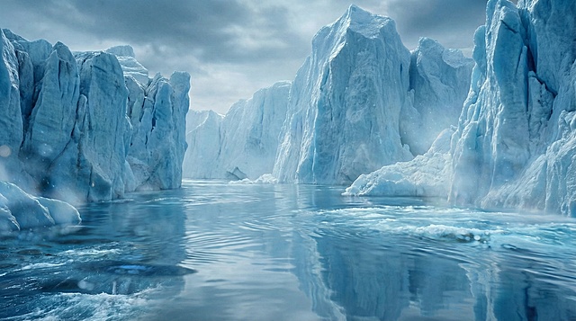 3D风虚拟自然场景，冰川倒影清透如镜，光影交错间透出静谧感，粒子风雾气缭绕，水彩风晕染天空，宛如印象画派笔触。